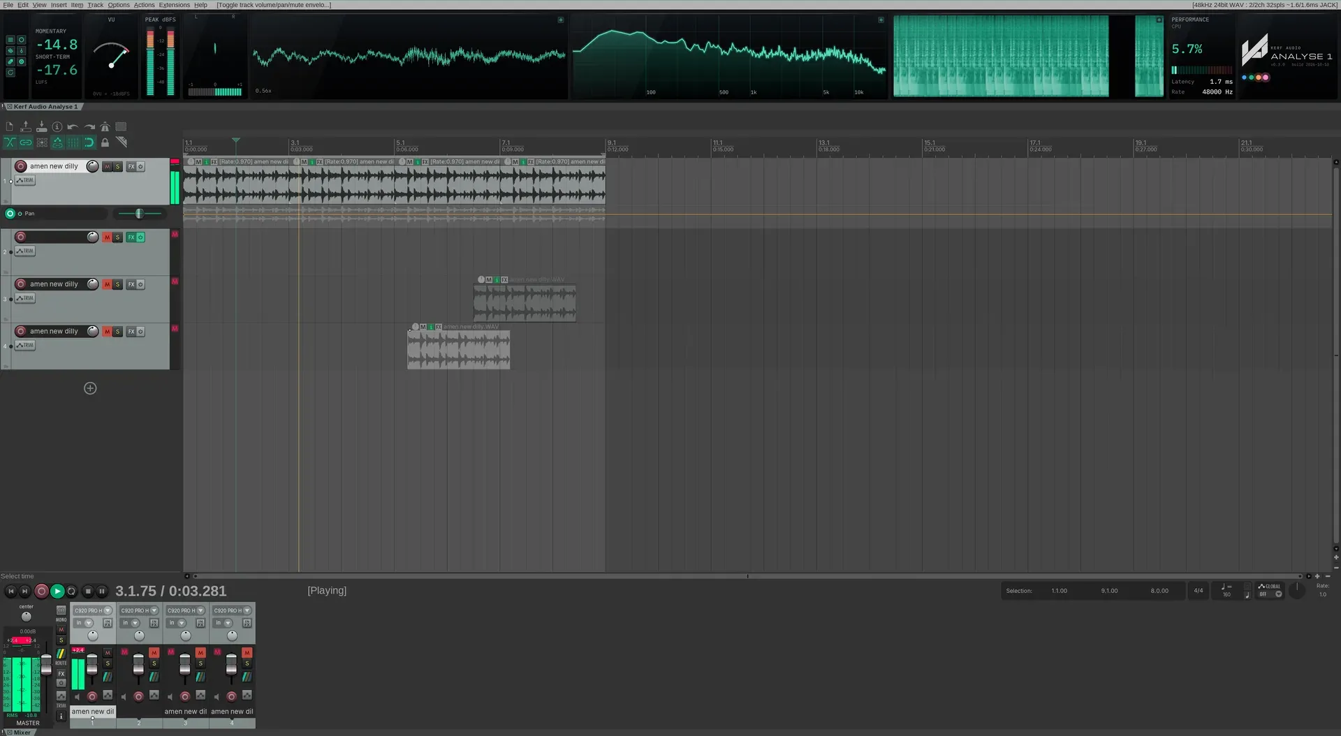 REAPER main window with the Analyse 1 strip docked across the top, above the arrange view and tracks