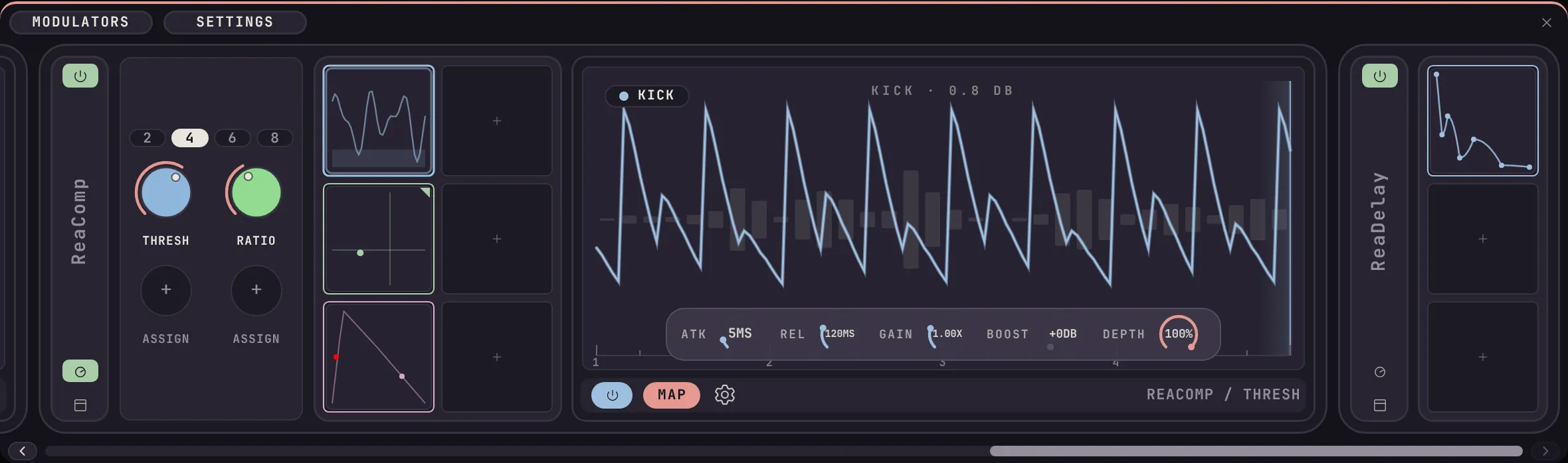 The Kerf Modulators panel showing plugin blocks of modulator slots, with the selected modulator editor beside a block