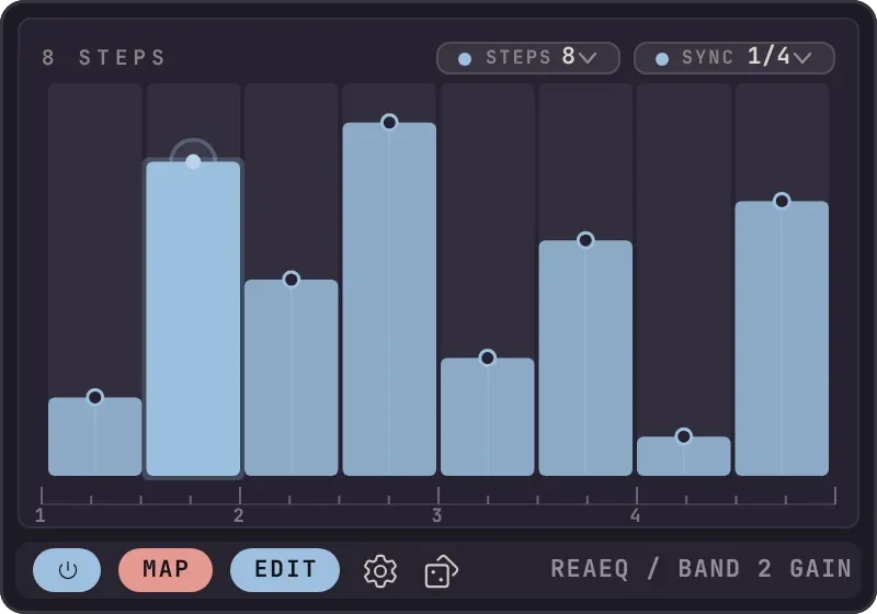 The Steps editor with an eight-step pattern of bars, the playing step highlighted