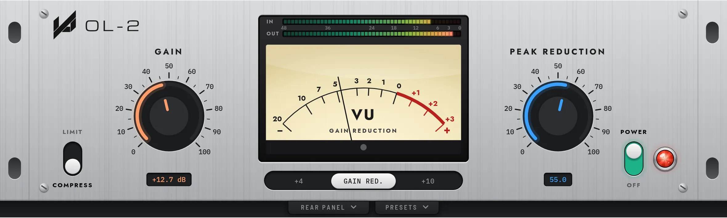 The OL-2 front panel, with the Limit and Compress switch, the Gain knob, a VU meter, the Peak Reduction knob and the Power switch