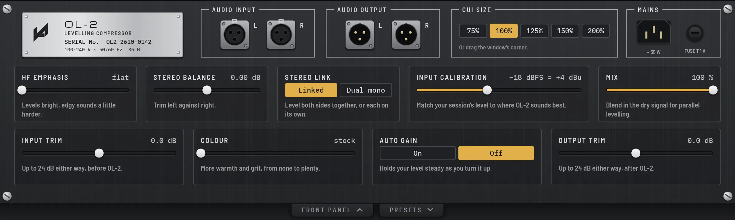 The OL-2 rear panel, with GUI size buttons along the top and the setup knobs and switches below, each with a short note